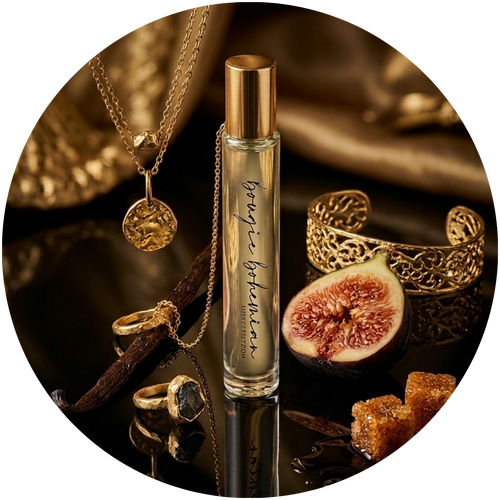 A clear glass perfume bottle with a gold cap stands on a reflective dark surface, surrounded by jewelry, a halved fig, and amber pieces. The bottle label reads Bougie Bohemian